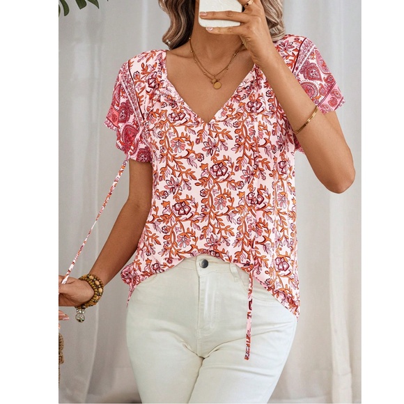 Pink Floral Printed Boho Short Sleeve Shirt V-Neck Ties - Picture 2 of 5